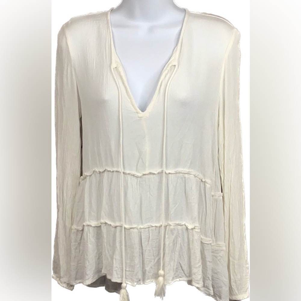 Kensie Jeans M Ivory Top Gauzy Crinkle Tiered Blouse Tie Keyhole Option Shirt